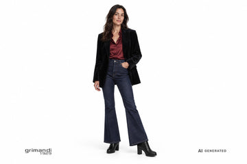 Stivaletti NeroGiardini donna indossati con jeans flare indaco, blusa in seta bordeaux e blazer in velluto nero. Outfit 2