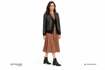 Stivaletti NeroGiardini donna indossati con chemisier in viscosa a microfantasia, cardigan nero e chiodo in pelle nera. Outfit 2