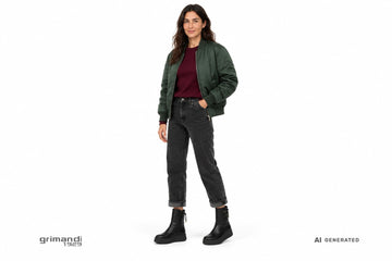 Stivaletti NeroGiardini donna indossati con jeans neri risvoltati, maglia vinaccia e bomber in nylon verde bosco. Outfit 2