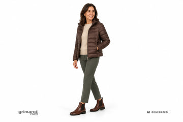 Stivaletti Valleverde donna indossati con pantaloni in maglia verde salvia, maglia merino biscotto e piumino cioccolato. Outfit 1