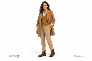 Stivaletti Valleverde donna indossati con pantaloni in velluto sabbia, camicia panna, cardigan ocra e cappotto cammello. Outfit 2