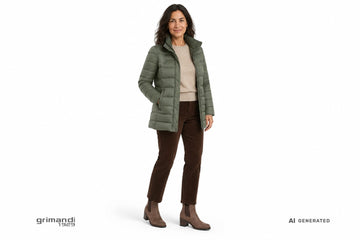 Stivaletti Valleverde donna indossati con pantaloni in velluto cioccolato, maglia merino sabbia e piumino verde salvia. Outfit 2