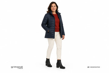 Stivaletti Valleverde donna indossati con pantaloni jersey panna, maglia merino mattone e piumino trapuntato blu scuro. Outfit 2