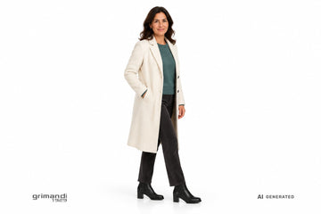 Stivaletti Valleverde donna indossati con pantaloni in velluto antracite, maglia merino ottanio e giacca monopetto panna. Outfit 1