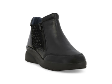 Melluso Black Leather Comfort Ankle Boot with Wedge Heel and Studs