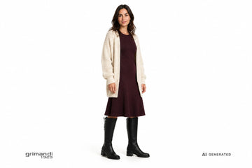 Stivali NeroGiardini donna indossati con abito svasato in maglia a costine bordeaux e cardigan oversize panna. Outfit 2