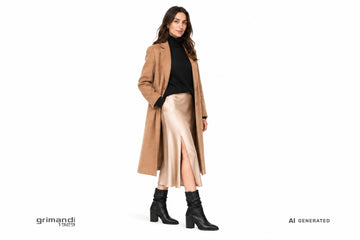 Stivali NeroGiardini donna indossati con gonna midi in satin champagne, dolcevita merino nero e cappotto cammello. Outfit 1