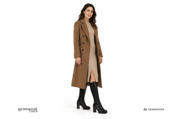 Stivali NeroGiardini donna indossati con abito midi in lana a costine sabbia e cappotto doppiopetto cammello scuro. Outfit 1