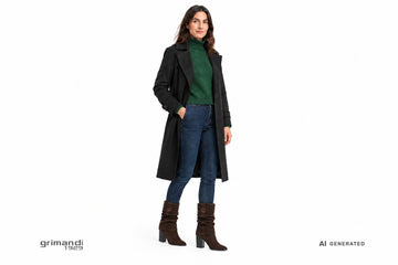 Stivali NeroGiardini donna indossati con jeans skinny scuri, dolcevita in lana verde bosco e trench in panno nero. Outfit 2