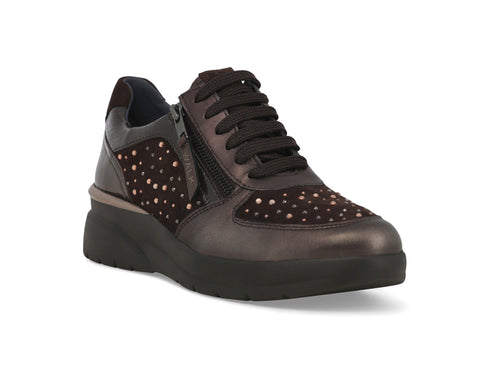 Melluso Women's Brown Leather Comfort Sneakers with Zip and Rhinestones