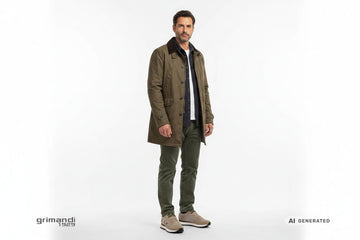 Sneaker SUN68 indossate con velluto verde muschio, overshirt lana cotta antracite e giaccone cerato fango. Outfit 2