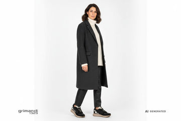 Sneaker SUN68 indossate con pantalone ecopelle nero, maglione over panna e cappotto sartoriale grigio scuro. Outfit 1