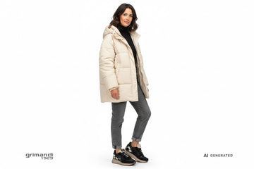 Sneaker SUN68 indossate con denim grigio comodo, dolcevita nero e piumino cocoon color burro. Outfit 2