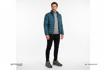 Sneaker SUN68 indossate con jogger tecnico nero, dolcevita merino piombo e piumino corto blu petrolio. Outfit 1