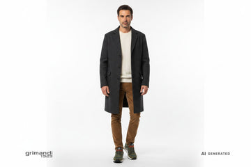 Sneaker SUN68 indossate con pantalone velluto cammello, pullover merino panna e cappotto over grigio antracite. Outfit 1
