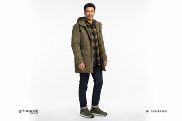 Sneaker SUN68 indossate con denim cimosato scuro, camicia flanella bosco-ocra e parka tecnico color fango. Outfit 2