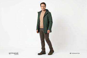 Polacchini Valleverde uomo indossati con fustagno tortora, maglia merino biscotto e giaccone impermeabile verde bosco. Outfit 1