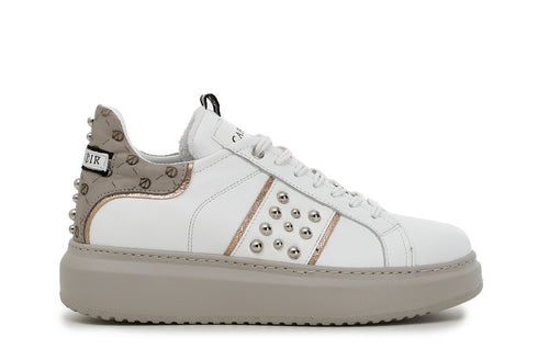 CafèNoir Donna Sneakers in pelle con facia laterale borchie C1DE1410 Bianco/tortora