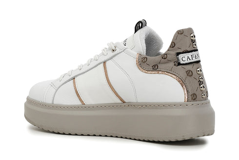 CafèNoir Donna Sneakers in pelle con facia laterale borchie C1DE1410 Bianco/tortora