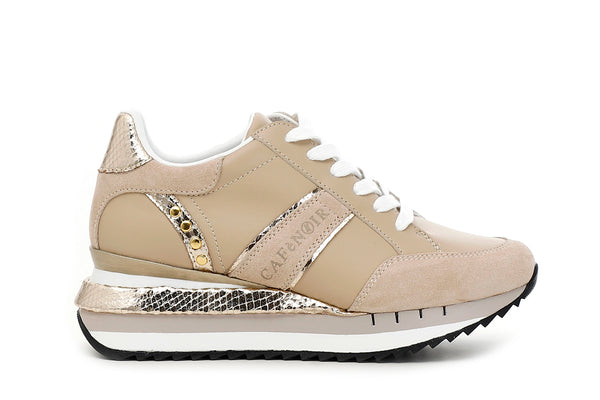 CafèNoir Donna Sneakers allacciata in pelle con dettaglio pitonato C1DN1110 Beige