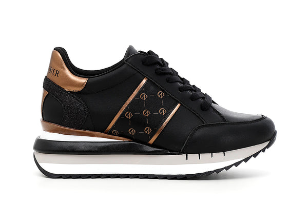 CafèNoir Donna Sneakers allacciata in pelle con dettaglio logo C1DN1150 Nero/bronzo