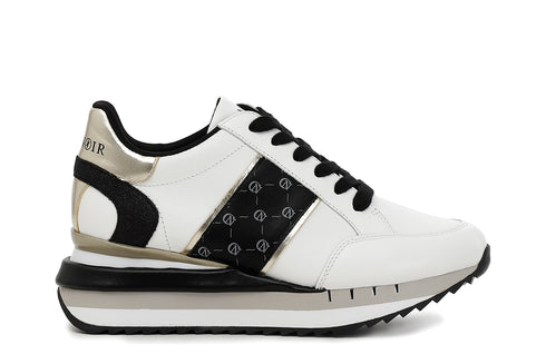 CafèNoir Donna Sneakers allacciata in pelle con dettaglio logo C1DN1150 Bianco/nero