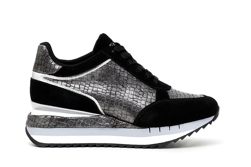 CafèNoir Donna Sneakers allacciata in pelle scamosciatae similpelle cocco C1DN9120 Nero/piombo