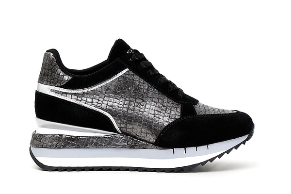 CafèNoir Donna Sneakers allacciata in pelle scamosciatae similpelle cocco C1DN9120 Nero/piombo