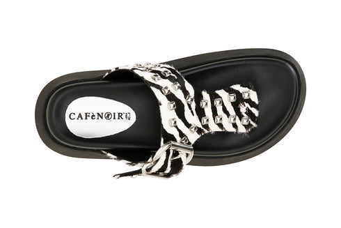 CafèNoir Donna Infradito in pelle con pelo e borchie C1FF8220W023 Zebrato bianco nero