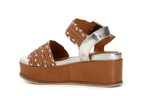 CafèNoir Donna Sandalo intreccio laminato su zeppa in pelle C1HC1280M048 Cuoio/oro