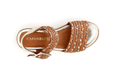CafèNoir Donna Sandalo intreccio laminato su zeppa in pelle C1HC1280M048 Cuoio/oro