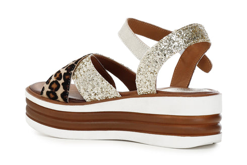 CafèNoir Donna Sandalo incrocio davanti in glitter e cavallino C1HE1170 Platino/maculato