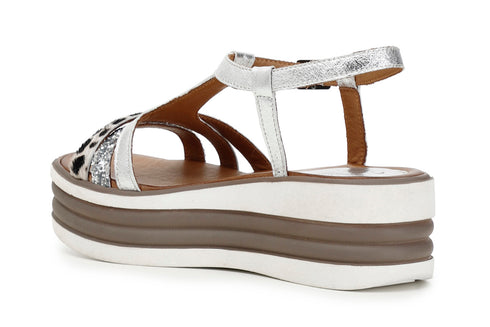 CafèNoir Donna Sandalo a t in glitter e cavallino su zeppa bicolore C1HE1180L024 Argento/maculato