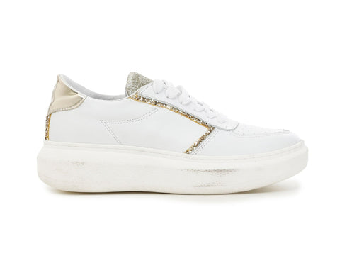 CafèNoir Donna Sneakers in pelle con dettagli glitter C1XB1004 Bianco/oro