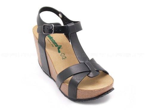 Bionatura sandalo t-bar zeppa alta donna nero