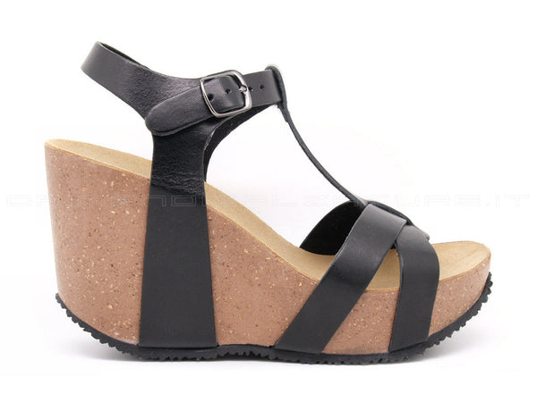 Bionatura sandalo t-bar zeppa alta donna nero