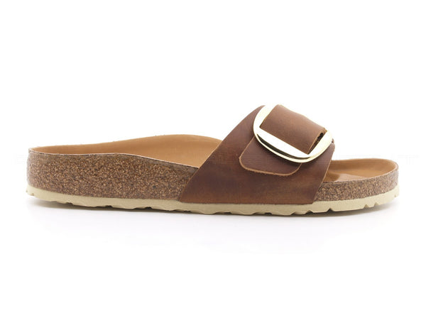 Birkenstock Madrid ciabatte pelle cognac big buckle oro