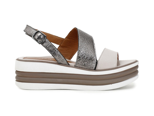 CafèNoir Donna Sandalo fascia asimmetrica in pelle con zeppa bicolore C1HE1210 Argento