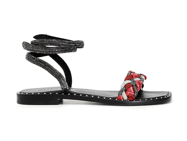 CafèNoir sandalo flat rafia intrecciata e cinturino nero strass C1GE9170-R028