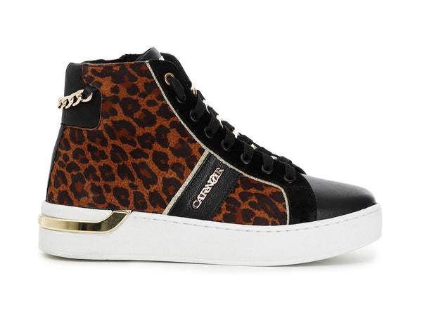 CafèNoir sneakers alte animalier leopardo e pelle nera C1DS6520-S006