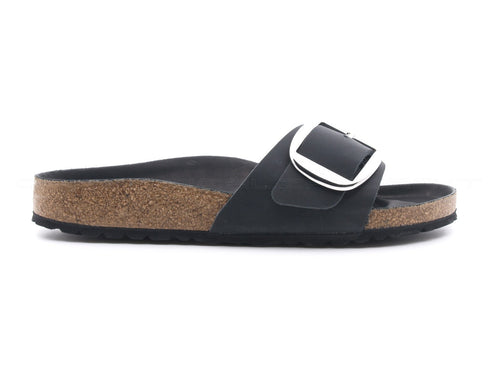 Birkenstock Madrid ciabatte pelle nera big buckle argento