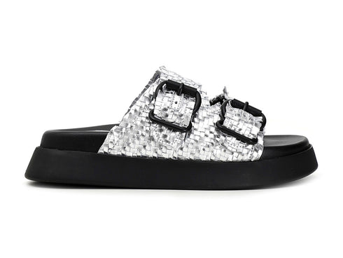 CafèNoir donna ciabatte 2 fibbie pelle intrecciata argento C1FF7210-L001