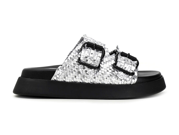 CafèNoir donna ciabatte 2 fibbie pelle intrecciata argento C1FF7210-L001
