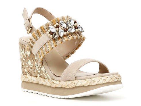 CafèNoir sandalo zeppa alta rafia multi e strass