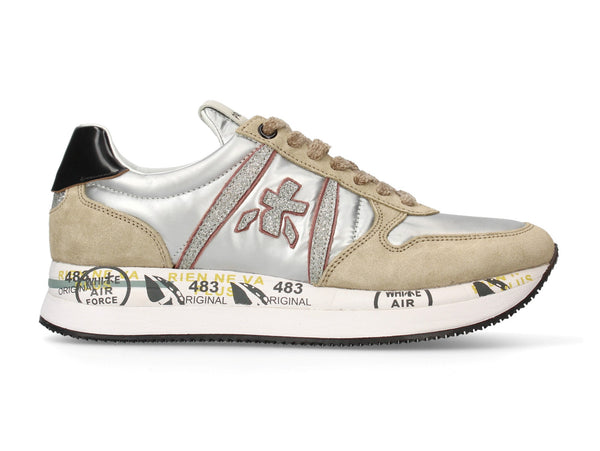 Premiata Tris scarpe donna platform tessuto argento suede beige 6049