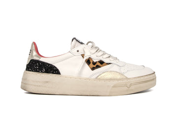 4B12 Sneakers Donna Hyper Dettaglio Leopardo Tomaia Pelle Bianca D110