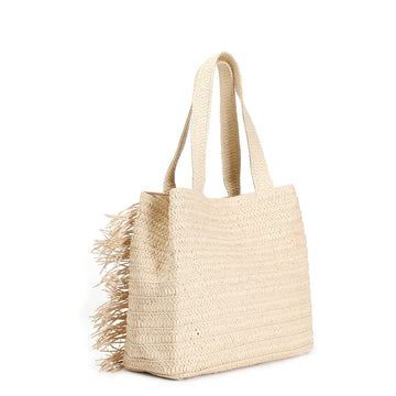 CafèNoir Raffia Shopping Bag with Fringes and Decorative Buttons