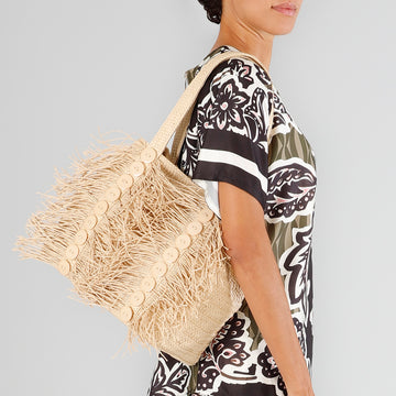 CafèNoir Raffia Shopping Bag with Fringes and Decorative Buttons