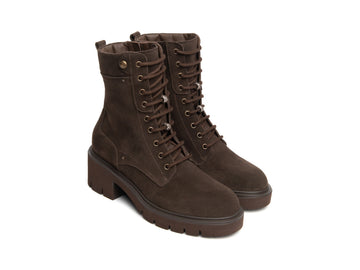 NeroGiardini Women's Heeled Combat Boots in Dark Brown Suede