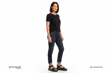 ARA Bilbao 33515 Nero T-bar Gold - Jeans Denim Scuro Risvoltato T-shirt Minimalista Urban - AI-Generated Model